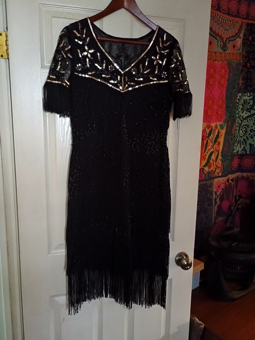 Black Beaded Fringe V-Neck Women's Dress